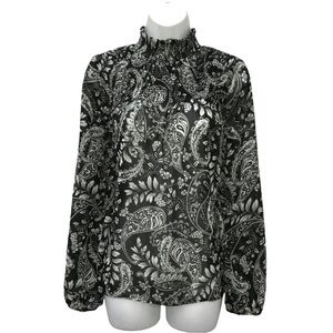 a.n.a Paisley Smocked Ruffled Mock Neck Black White Sheer Top - Women’s Medium